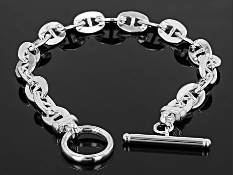 Sterling Silver 7.5mm Flat Rolo Mariner Link Toggle Bracelet