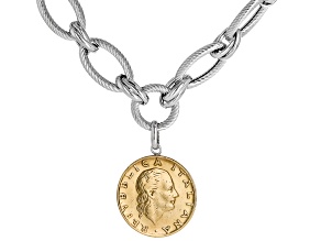 Rhodium Over Sterling Silver Oval Link Necklace with Lira Coin