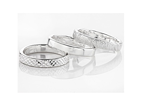Sterling Silver Textured & Polished Set of 3 Band Rings