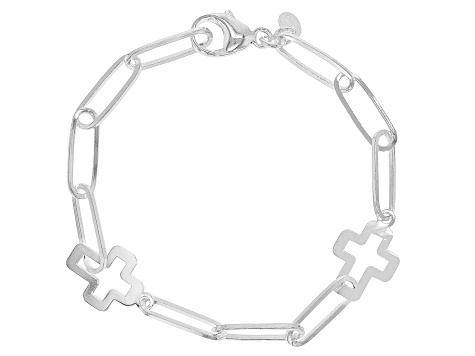 Sterling Silver Paperclip Link & Cross Station Bracelet