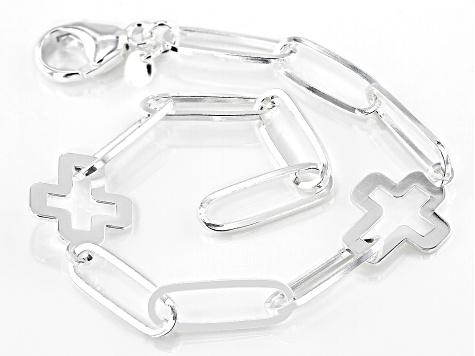 Sterling Silver Paperclip Link & Cross Station Bracelet