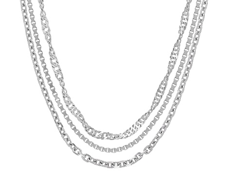 Rhodium Over Sterling Silver Singapore, Box, & Diamond-Cut Cable Set of 3 18 Inch Chains