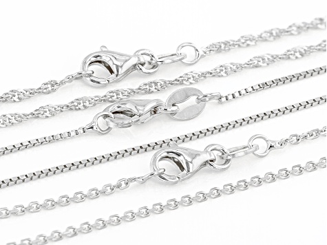 Rhodium Over Sterling Silver Singapore, Box, & Diamond-Cut Cable Set of 3 18 Inch Chains