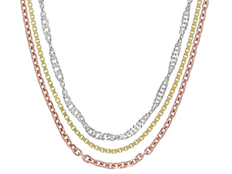 Tri-Tone Singapore, Box, & Diamond-Cut Cable Set of 3 18 Inch Chains