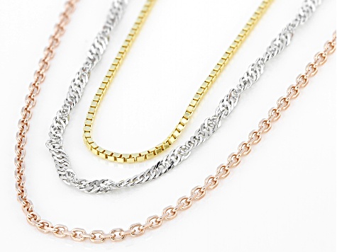 Tri-Tone Singapore, Box, & Diamond-Cut Cable Set of 3 18 Inch Chains