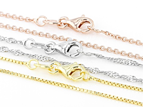 Tri-Tone Singapore, Box, & Diamond-Cut Cable Set of 3 18 Inch Chains