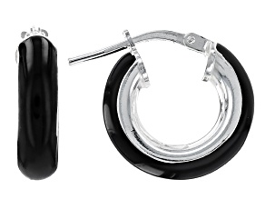 Sterling Silver 4x15mm Black Enamel Hoop Earrings