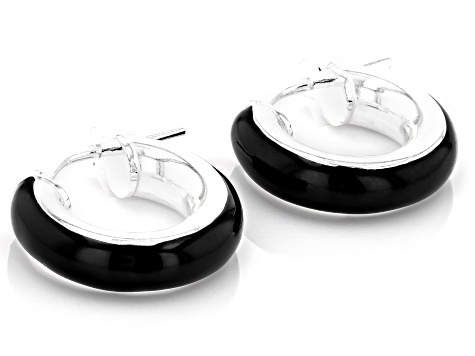 Sterling Silver 4x15mm Black Enamel Hoop Earrings