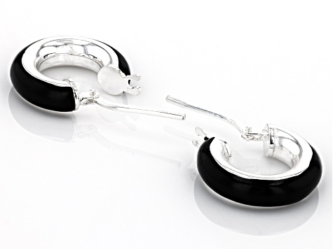 Sterling Silver 4x15mm Black Enamel Hoop Earrings