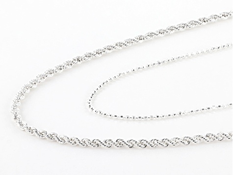 Sterling Silver Rope & Diamond-Cut Bead Multi-Row 18 Inch Necklace