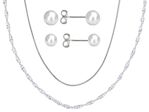 Sterling Silver 1mm, 18" Snake and 20" Singapore Chain with 5mm and 6mm Ball Stud Earring Set of 4