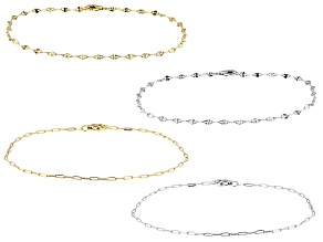 Sterling Silver & 18K Gold Over Sterling Silver 2.5mm Mirror & Paperclip 7.25" Bracelet Set of 4