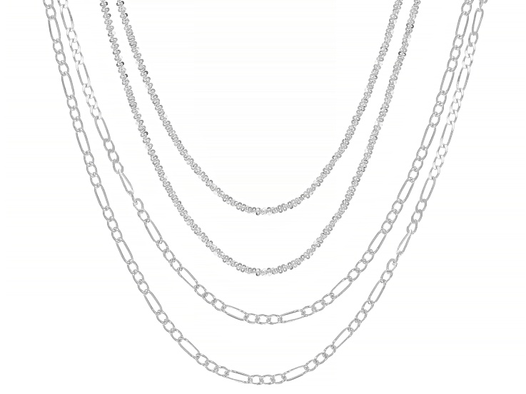 Sterling Silver Twisted 1.5mm Criss-Cross 18" and 2.3mm Figaro 20" Chain Two Sets Of 2