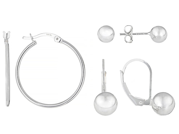 Sterling Silver 7.7mm Ball Dangle Earrings & 5.8mm Ball Stud & 1.5mm Polished Hoop Earrings