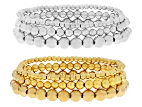 18K Yellow Gold Over Stainless Steel & Stainless Steel 4-8mm Beaded Bracelet Set of 6