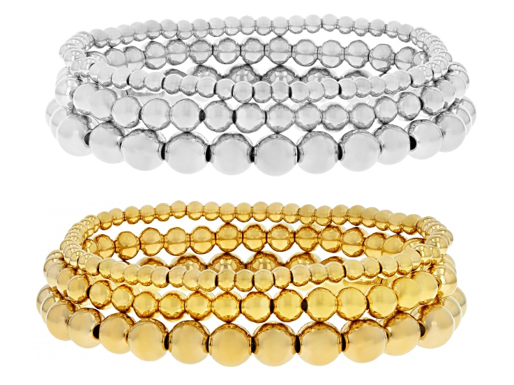 18K Yellow Gold Over Stainless Steel & Stainless Steel 4-8mm Beaded Bracelet Set of 6