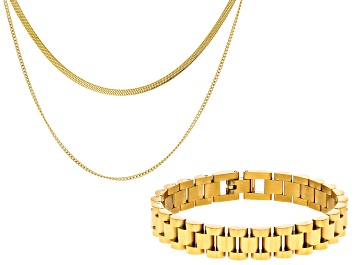 Picture of 18K Gold Over Stainless Steel Snake 16" Multi-Row Chain & Oyster Link Bracelet