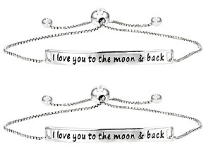Sterling Silver "I Love You To The Moon And Back" Script Sliding Adjustable Bolo Bracelet Set of 2