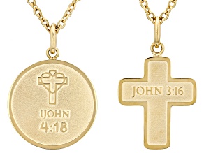 14K Yellow Gold Over Stainless Steel 1 John 4:18 & John 3:16 Bible Verse Pendant with Chain Set of 2