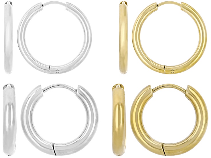 14K Yellow Gold Over Stainless Steel & Stainless Steel 3mm Polished Hoops Set of 4