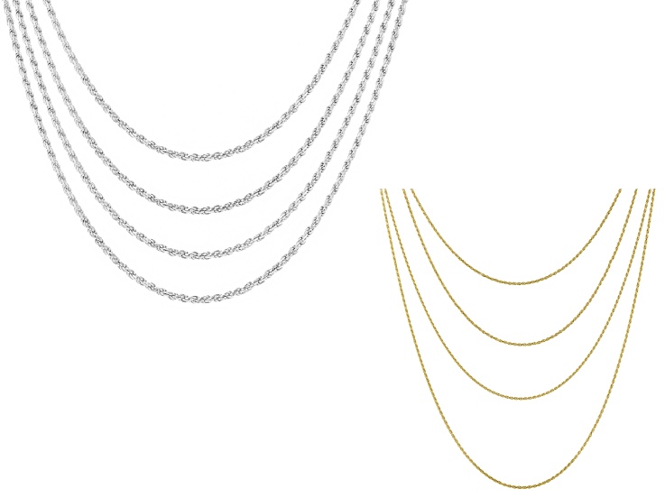 18K Gold Over Silver And Sterling Silver 1.3MM Diamond-Cut Set Of 4 Rope 18/20/24/30 Inch Chain