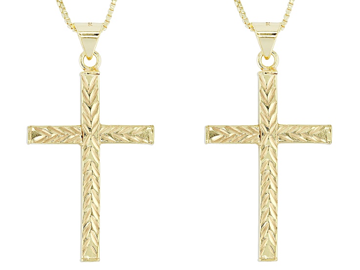 18k Yellow Gold Over Sterling Silver Diamond Cut Cross Pendant Box Link 18 Inch Necklace Set of 2