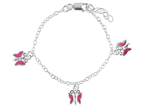 Pink Enamel Butterfly Sterling Silver 5 inch Adjustable Children's Charm Bracelet