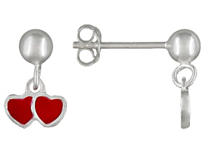 Red Enamel Double Heart Sterling Silver Children's Dangle Earrings