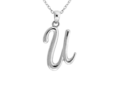 Script initial U Polished Sterling Silver Pendant With 18 inch Chain
