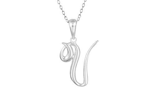 Script initial V Polished Sterling Silver Pendant With 18 inch Chain