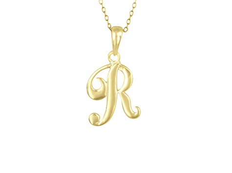 Script initial R Polished 18k Yellow Gold Over Sterling Silver Pendant With 18 inch Chain