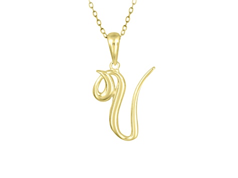 Script initial V Polished 18k Yellow Gold Over Sterling Silver Pendant With 18 inch Chain