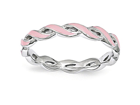 Pink Enamel Rhodium Over Sterling Silver Twisted Band Ring