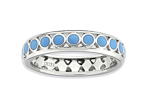 Blue Enamel Rhodium Over Sterling Silver Dotted Band Ring