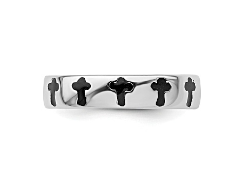 Black Enamel Rhodium Over Sterling Silver Cross Band Ring