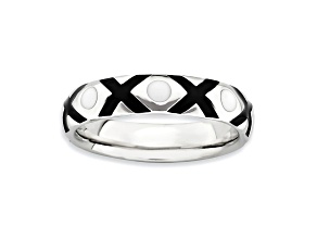 Black And White Enamel Rhodium Over Sterling Silver 'Xox' Band Ring