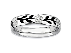 Black And White Enamel Rhodium Over Sterling Silver Branch With Leaves Band Ring