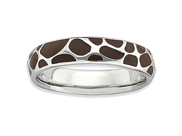 Brown Enamel Rhodium Over Sterling Silver Giraffe Print Band Ring