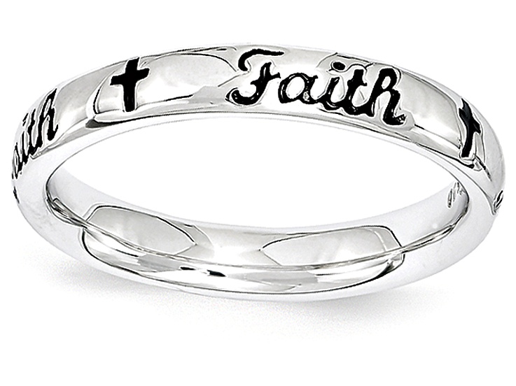 Black Enamel Rhodium Over Sterling Silver 'Faith' And Crosses Band Ring