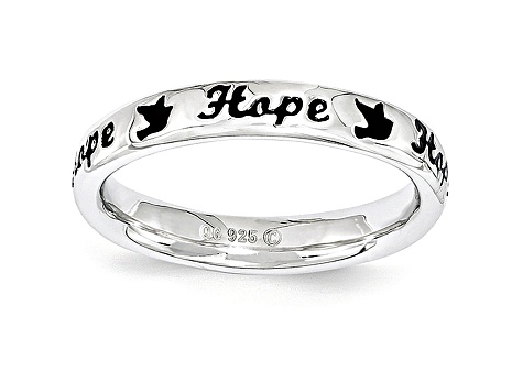 Black Enamel Rhodium Over Sterling Silver 'Hope' And Birds Band Ring