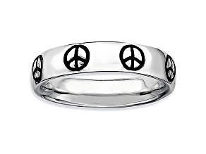 Black Enamel Rhodium Over Sterling Silver Peace Sign Band Ring