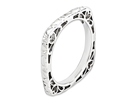 Rhodium Over Sterling Silver Textured Square Band Ring
