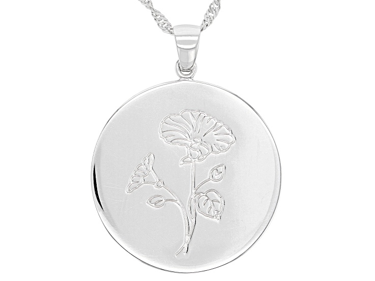 Rhodium Over Sterling Silver Round September Morning Glory Birth Flower Pendant With Chain