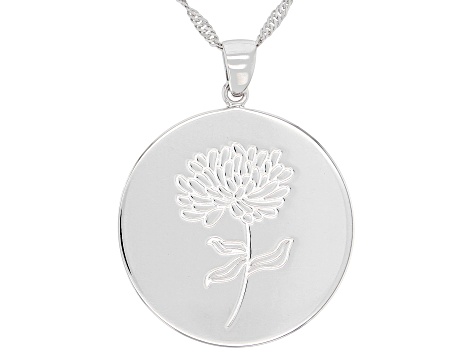 Rhodium Over Sterling Silver Round November Chrysanthemum Birth Flower Pendant With Chain
