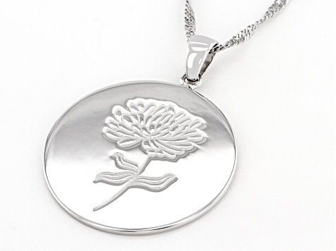 Rhodium Over Sterling Silver Round November Chrysanthemum Birth Flower Pendant With Chain