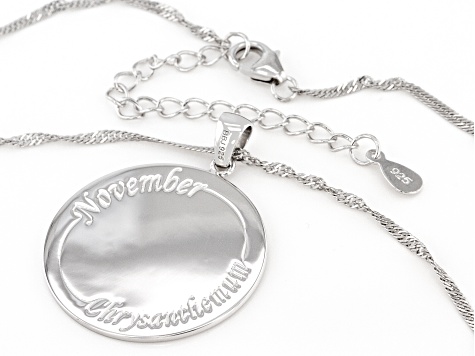 Rhodium Over Sterling Silver Round November Chrysanthemum Birth Flower Pendant With Chain