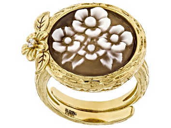 Picture of Brown 17mm Flower Bouquet Cameo 18k Yellow Gold Over Sterling Silver Ring