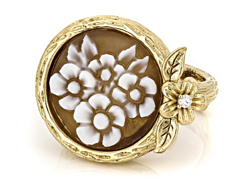 Brown 17mm Flower Bouquet Cameo 18k Yellow Gold Over Sterling Silver Ring