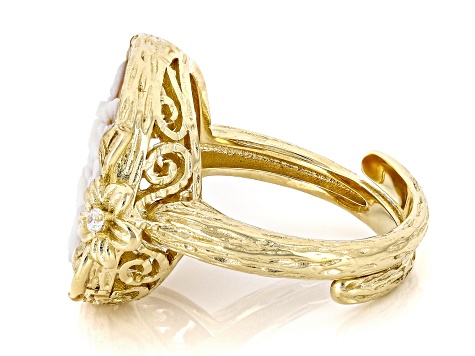 Brown 17mm Flower Bouquet Cameo 18k Yellow Gold Over Sterling Silver Ring