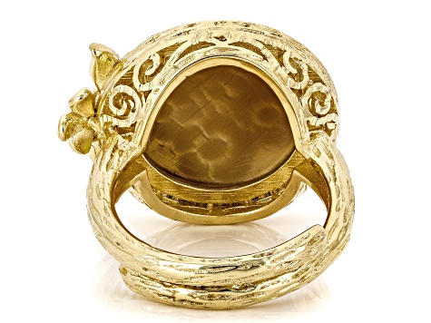 Brown 17mm Flower Bouquet Cameo 18k Yellow Gold Over Sterling Silver Ring